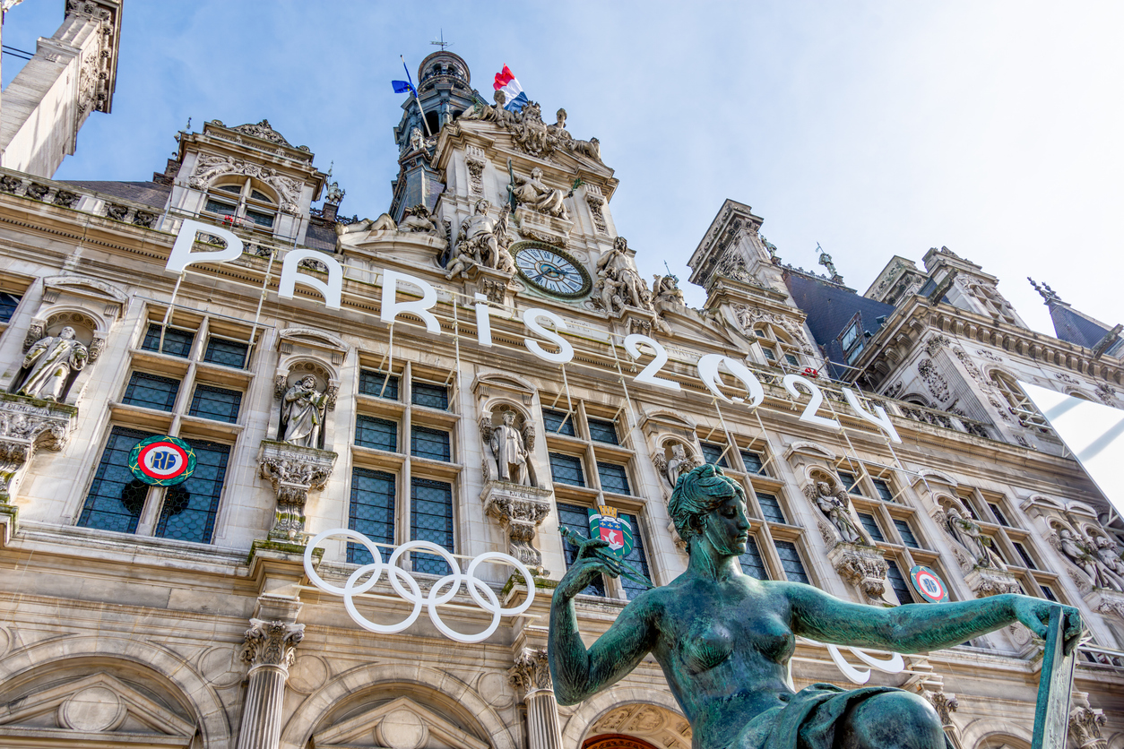 Facade of the town hall of Paris, France, decorated for the Olympic and Paralympic Games