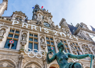 Facade of the town hall of Paris, France, decorated for the Olympic and Paralympic Games