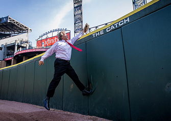 thom serafin re-enacts a catch at guaranteed rate field in chicago illinois