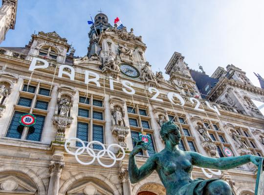 Facade of the town hall of Paris, France, decorated for the Olympic and Paralympic Games